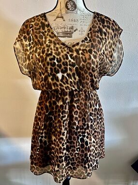Express Leopard Print V-Neck Short Sheer Dress with slip - Brown/Black/Cream
